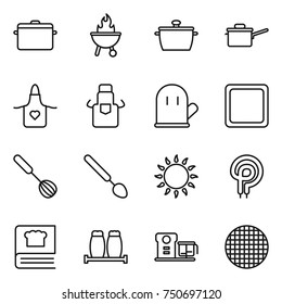 thin line icon set : pan, bbq, saute, apron, cook glove, cutting board, whisk, big spoon, gas oven, elecric, cooking book, salt pepper, food processor, sieve
