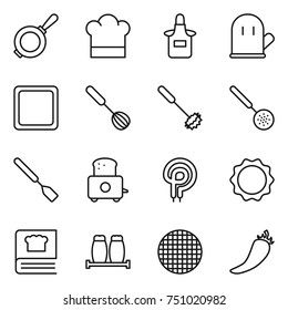thin line icon set : pan, cook hat, apron, glove, cutting board, whisk, skimmer, spatula, toaster, electric oven, induction, cooking book, salt pepper, sieve, hot