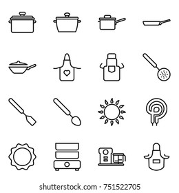 thin line icon set : pan, saute, apron, skimmer, spatula, big spoon, gas oven, elecric, induction, double boiler, food processor