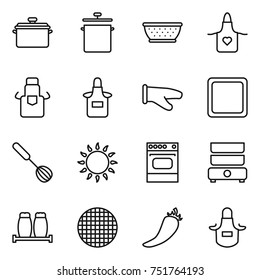 thin line icon set : pan, colander, apron, cook glove, cutting board, whisk, gas oven, double boiler, salt pepper, sieve, hot