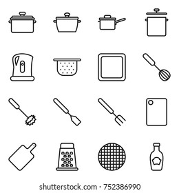 thin line icon set : pan, saute, kettle, colander, cutting board, whisk, spatula, big fork, grater, sieve, ketchup