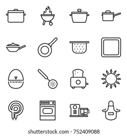 Thin Line Icon Set : Pan, Bbq, Saute, Colander, Cutting Board, Egg Timer, Skimmer, Toaster, Gas Oven, Elecric, Food Processor, Apron