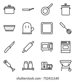 thin line icon set : pan, colander, cook glove, cutting board, whisk, knife, rolling pin, microwave oven, blender, salt pepper, food processor, bbq