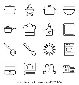 thin line icon set : pan, bbq, cauldron, saute, cook hat, apron, cutting board, skimmer, big spoon, gas oven, double boiler, cooking book, salt pepper, food processor