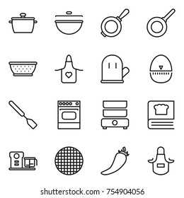thin line icon set : pan, cauldron, colander, apron, cook glove, egg timer, spatula, oven, double boiler, cooking book, food processor, sieve, hot pepper