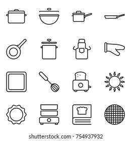 thin line icon set : pan, cauldron, saute, apron, cook glove, cutting board, whisk, toaster, gas oven, induction, double boiler, cooking book, sieve