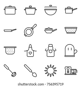 Thin line icon set : pan, cauldron, saute, colander, apron, cook glove, whisk, big spoon, gas oven, food processor
