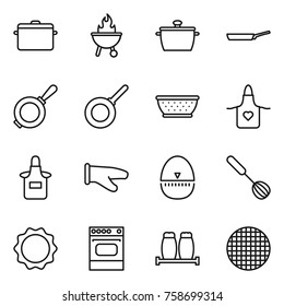 Thin line icon set : pan, bbq, colander, apron, cook glove, egg timer, whisk, induction oven, salt pepper, sieve