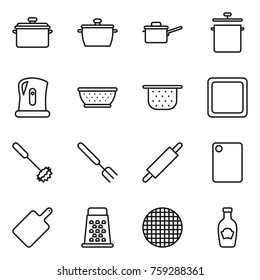 Thin line icon set : pan, saute, kettle, colander, cutting board, whisk, big fork, rolling pin, grater, sieve, ketchup