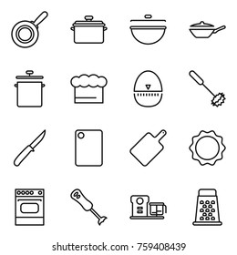 Thin line icon set : pan, cauldron, chief hat, egg timer, whisk, knife, cutting board, induction oven, blender, food processor, grater