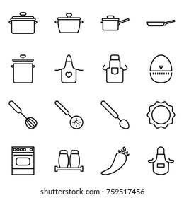 Thin line icon set : pan, saute, apron, egg timer, whisk, skimmer, big spoon, induction oven, salt pepper, hot