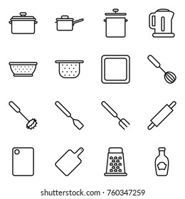 Thin line icon set : pan, saute, kettle, colander, cutting board, whisk, spatula, big fork, rolling pin, grater, ketchup