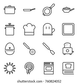 Thin Line Icon Set : Pan, Cook Hat, Glove, Cutting Board, Egg Timer, Skimmer, Spatula, Toaster, Gas Oven, Elecric, Cooking Book