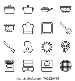 Thin Line Icon Set : Pan, Colander, Cook Hat, Cutting Board, Skimmer, Spatula, Toaster, Gas Oven, Elecric, Double Boiler, Cooking Book, Sieve