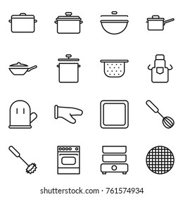 Thin line icon set : pan, cauldron, saute, colander, apron, cook glove, cutting board, whisk, oven, double boiler, sieve