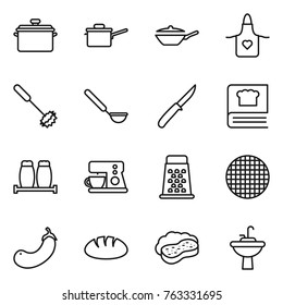 Thin line icon set : pan, saute, apron, whisk, ladle, knife, cooking book, salt pepper, coffee maker, grater, sieve, eggplant, bread, sponge with foam, water tap sink