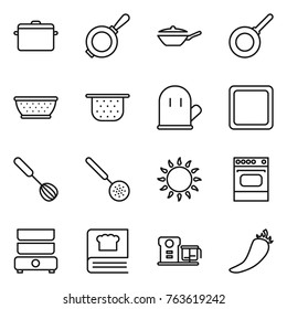 Thin line icon set : pan, colander, cook glove, cutting board, whisk, skimmer, gas oven, double boiler, cooking book, food processor, hot pepper
