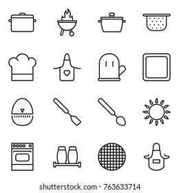 Thin line icon set : pan, bbq, colander, cook hat, apron, glove, cutting board, egg timer, spatula, big spoon, gas oven, salt pepper, sieve