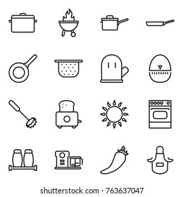 Thin line icon set : pan, bbq, saute, colander, cook glove, egg timer, whisk, toaster, gas oven, salt pepper, food processor, hot, apron