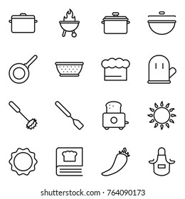 Thin line icon set : pan, bbq, cauldron, colander, chief hat, cook glove, whisk, spatula, toaster, gas oven, induction, cooking book, hot pepper, apron