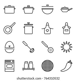 Thin Line Icon Set : Pan, Cauldron, Apron, Egg Timer, Whisk, Skimmer, Gas Oven, Salt Pepper, Sieve, Hot