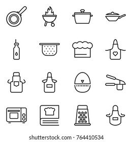 Thin Line Icon Set : Pan, Bbq, Vegetable Oil, Colander, Chief Hat, Apron, Egg Timer, Garlic Clasp, Grill Oven, Cooking Book, Grater