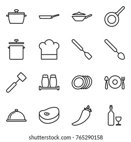 Thin line icon set : pan, cook hat, spatula, big spoon, meat hammer, salt pepper, plates, fork plate, meal cap, steake, hot, wine