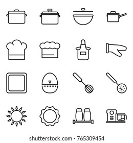 Thin line icon set : pan, cauldron, saute, cook hat, chief, apron, glove, cutting board, egg timer, whisk, skimmer, gas oven, induction, salt pepper, food processor