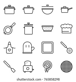 Thin line icon set : pan, cauldron, saute, colander, chief hat, apron, cook glove, cutting board, skimmer, spatula, toaster, elecric oven, sieve