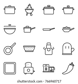 Thin line icon set : pan, bbq, cauldron, saute, colander, apron, cook glove, cutting board, toaster, food processor, hot pepper