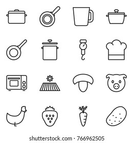 Thin line icon set : pan, cup, handle scales, cook hat, grill oven, field, mushroom, pig, chicken, strawberry, carrot, potato