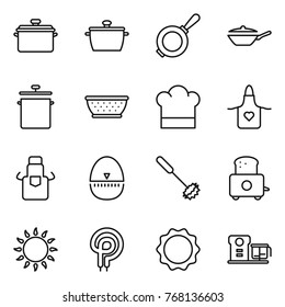 Thin Line Icon Set : Pan, Colander, Cook Hat, Apron, Egg Timer, Whisk, Toaster, Gas Oven, Elecric, Induction, Food Processor