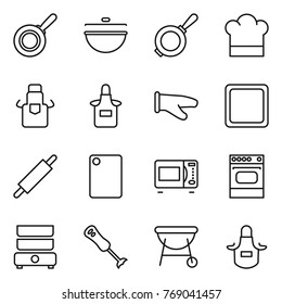 Thin line icon set : pan, cauldron, cook hat, apron, glove, cutting board, rolling pin, microwave oven, double boiler, blender, bbq