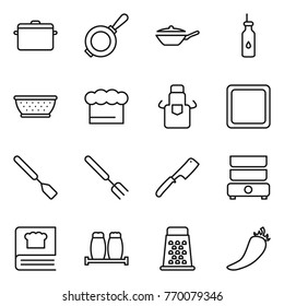 Thin line icon set : pan, vegetable oil, colander, chief hat, apron, cutting board, spatula, big fork, chef knife, double boiler, cooking book, salt pepper, grater, hot