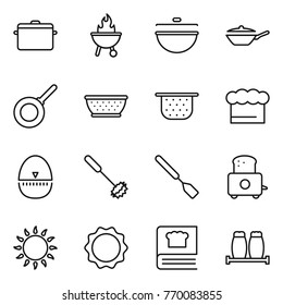 Thin line icon set : pan, bbq, cauldron, colander, chief hat, egg timer, whisk, spatula, toaster, gas oven, induction, cooking book, salt pepper