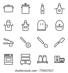 Thin Line Icon Set : Pan, Vegetable Oil, Apron, Cook Glove, Egg Timer, Garlic Clasp, Skimmer, Big Spoon, Chef Knife, Oven, Double Boiler, Salt Pepper, Food Processor