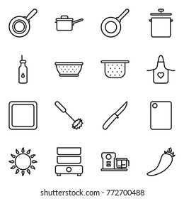 Thin line icon set : pan, saute, vegetable oil, colander, apron, cutting board, whisk, knife, gas oven, double boiler, food processor, hot pepper