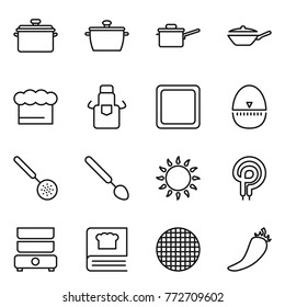Thin line icon set : pan, saute, chief hat, apron, cutting board, egg timer, skimmer, big spoon, gas oven, elecric, double boiler, cooking book, sieve, hot pepper