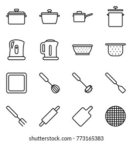 Thin line icon set : pan, saute, kettle, colander, cutting board, whisk, spatula, big fork, rolling pin, sieve