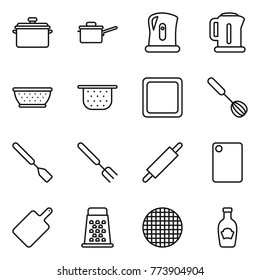 Thin line icon set : pan, saute, kettle, colander, cutting board, whisk, spatula, big fork, rolling pin, grater, sieve, ketchup