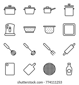 Thin line icon set : pan, saute, kettle, colander, cutting board, whisk, big fork, rolling pin, sieve, ketchup