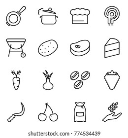 Thin line icon set : pan, steam, chief hat, elecric oven, bbq, potato, steake, cake, carrot, onion, coffee seeds, berry, sickle, cherry, flour, harvest