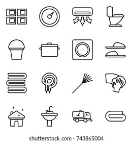 thin line icon set : panel house, barometer, air conditioning, toilet, bucket, pan, ring button, slippers, towels, elecric oven, rake, wiping, cleaning, water tap sink, home call, towel