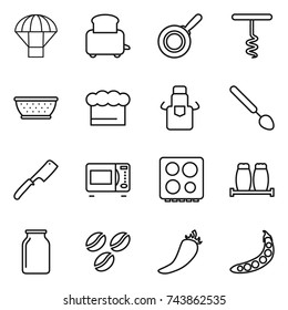thin line icon set : parachute, toaster, pan, corkscrew, colander, chief hat, apron, big spoon, chef knife, microwave oven, hob, salt pepper, bank, coffee seeds, hot, peas