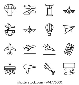 thin line icon set : parachute, journey, airport tower, plane, shipping, air ballon, deltaplane, airplane, departure, arrival, inflatable mattress, conditioning, hair dryer, blower, hand