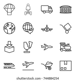 thin line icon set : parachute, hoverboard, delivery, airport building, globe, plane, trolley, package, broken, train, departure, wheelbarrow