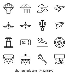 thin line icon set : parachute, factory filter, journey, plane, air ballon, deltaplane, airport tower, ticket, arrival, cooler fan, conditioning, blower, hand dryer