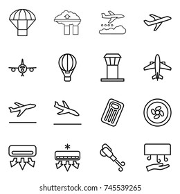 thin line icon set : parachute, factory filter, weather management, plane, air ballon, airport tower, airplane, departure, arrival, inflatable mattress, cooler fan, conditioning, blower, hand dryer