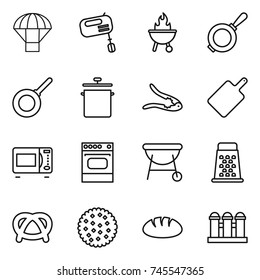 thin line icon set : parachute, mixer, bbq, pan, walnut crack, cutting board, microwave oven, grater, pretzel, cookies, bread, grain elevator