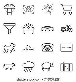 thin line icon set : parachute, eye identity, bang, cart, funnel, barn, bridge, motorcycle, dog, shark flipper, phone, welcome mat, cow, rain cloud, sheep, clean window